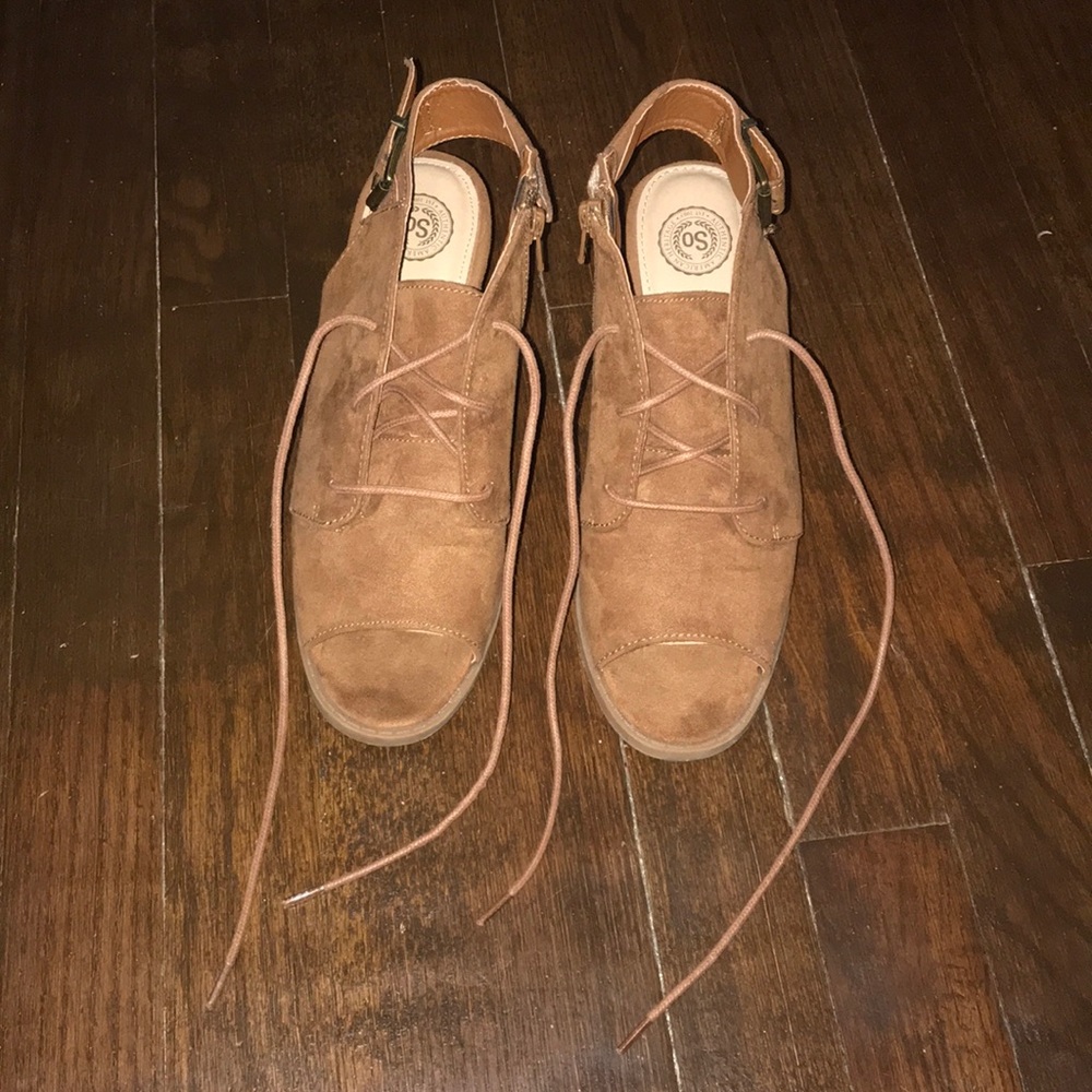 Brown open toe wedge tie shoes